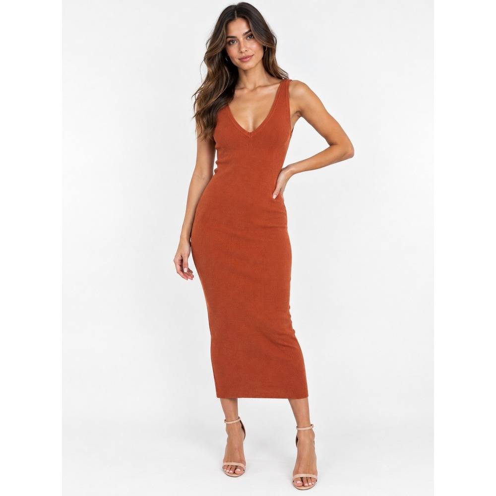 House of Harlow 1960 Rust Orange Ribbed V-Neck Midi Sweater Dress Size M - Picture 1 of 6